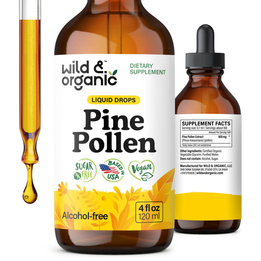 Wild & Organic pine pollen tincture bottle showing vegan, alcohol-free option.