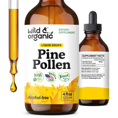 Wild & Organic pine pollen tincture bottle showing vegan, alcohol-free option.