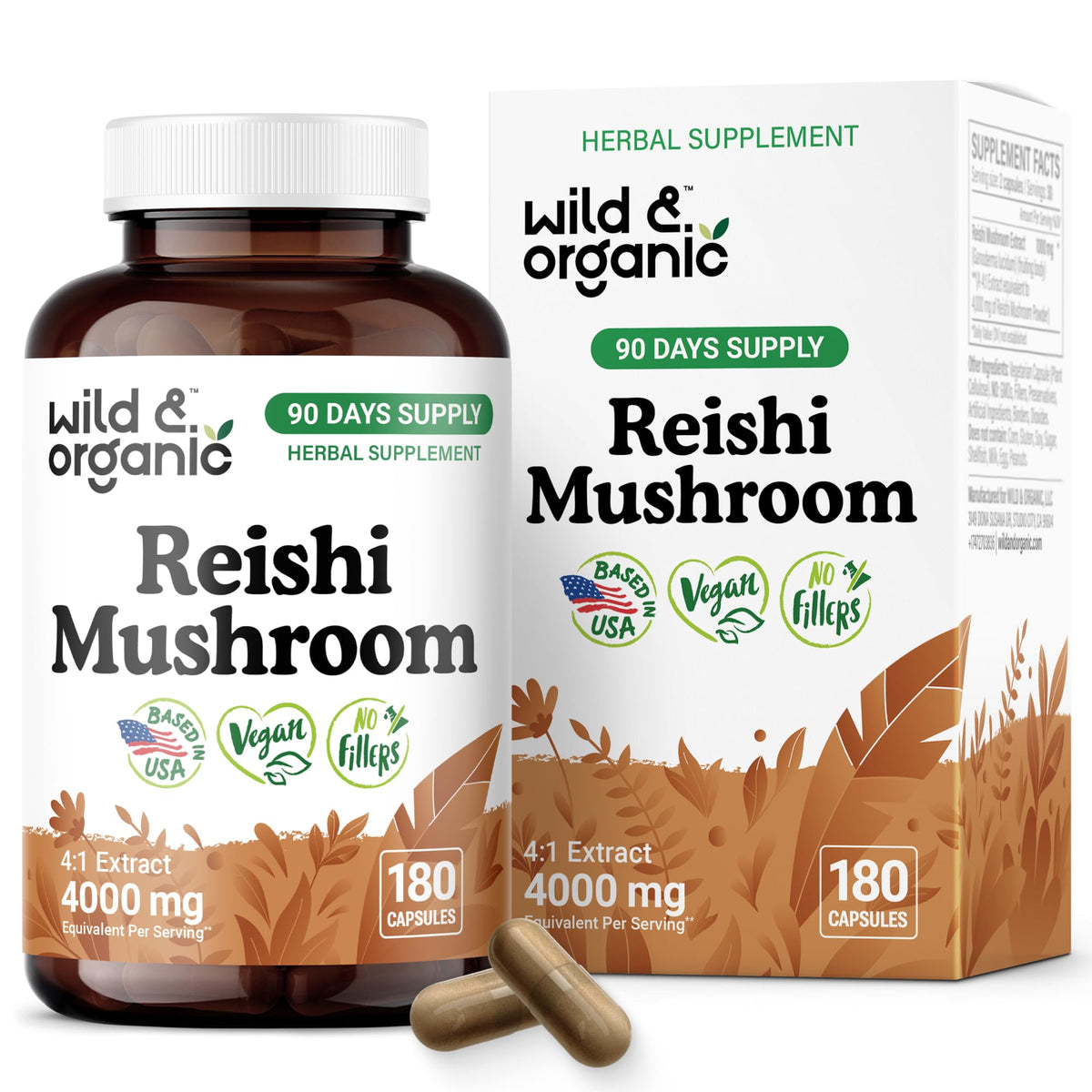 Wild & Organic Reishi capsules bottle front showing a 90-day supply for immune and energy support.