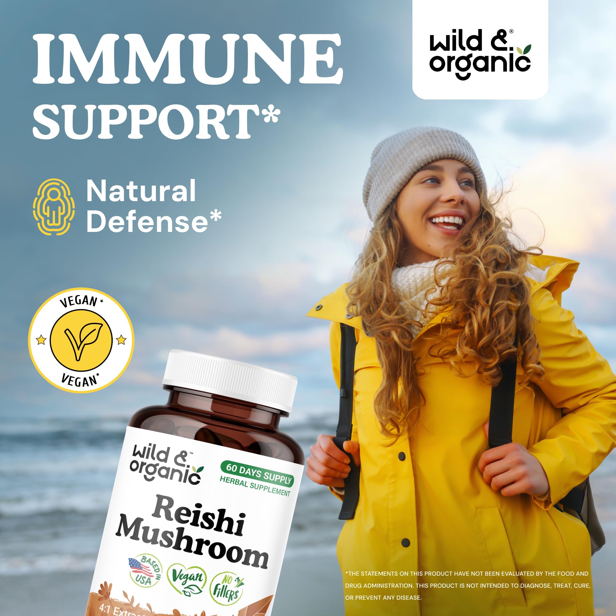 Wild & Organic Reishi bottle front shows 1000 mg per serving and 60-day supply.