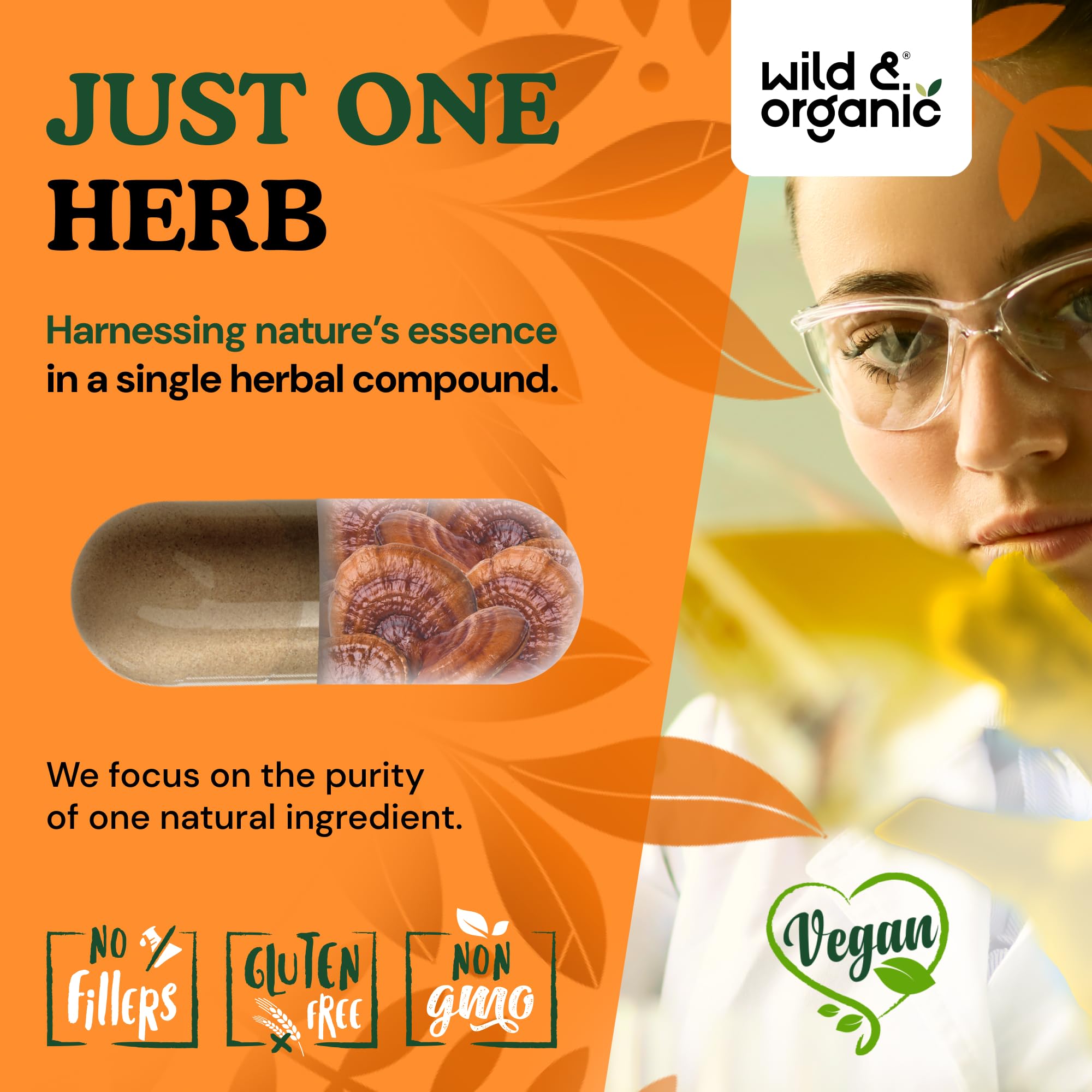 Wild & Organic Reishi bottle side view emphasizing 180 capsules and vegan formula.