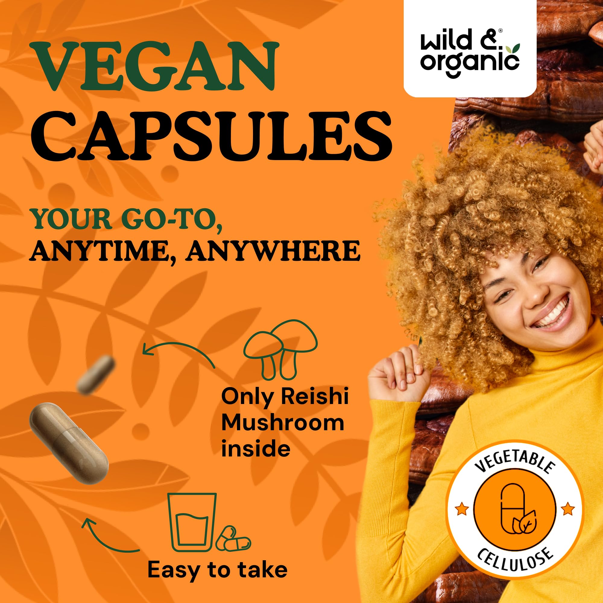 Close-up of Wild & Organic Reishi capsules reveals a smooth, easy-to-take design.