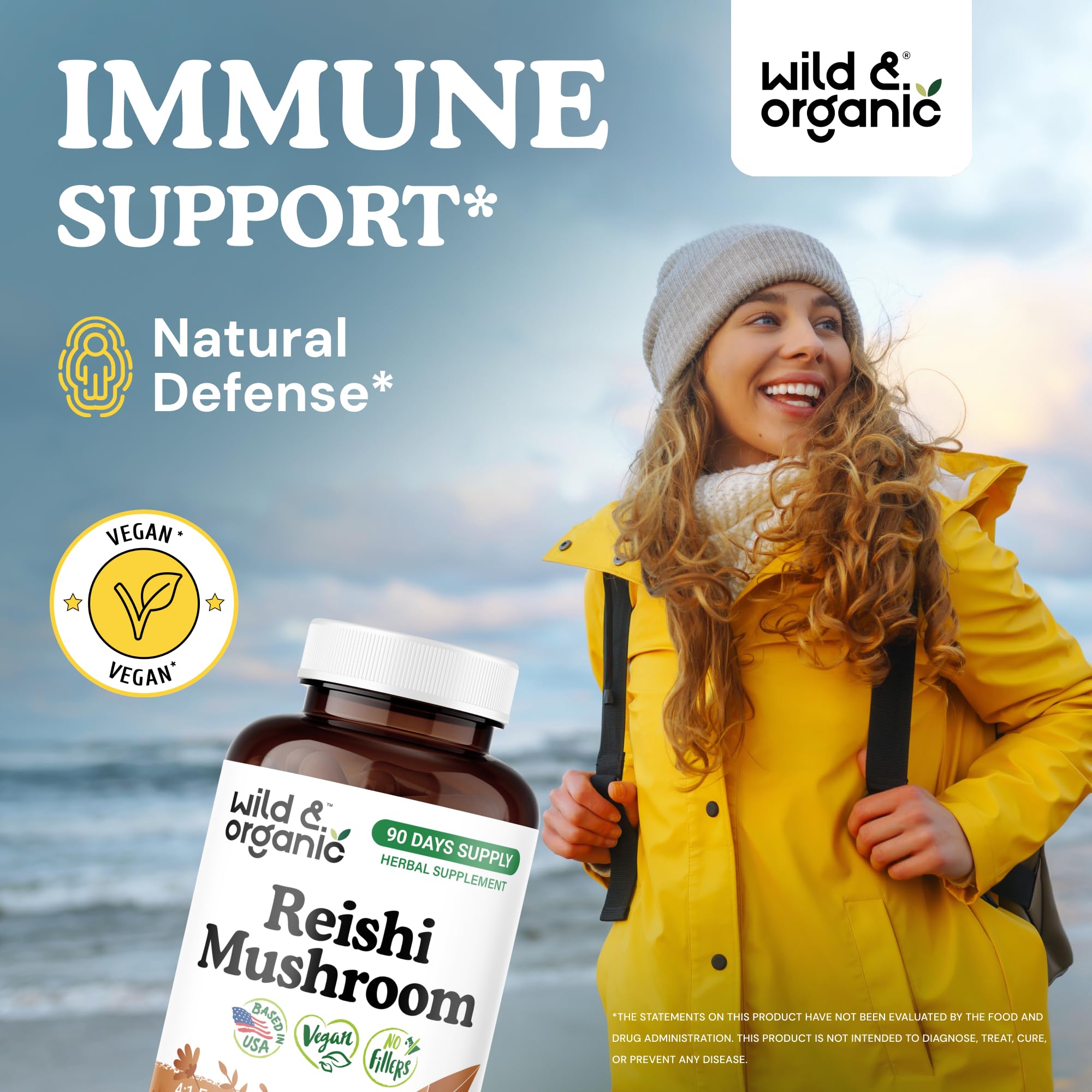 Wild & Organic Reishi label detail highlighting vegan, non-GMO, gluten-free ingredients for clean use.