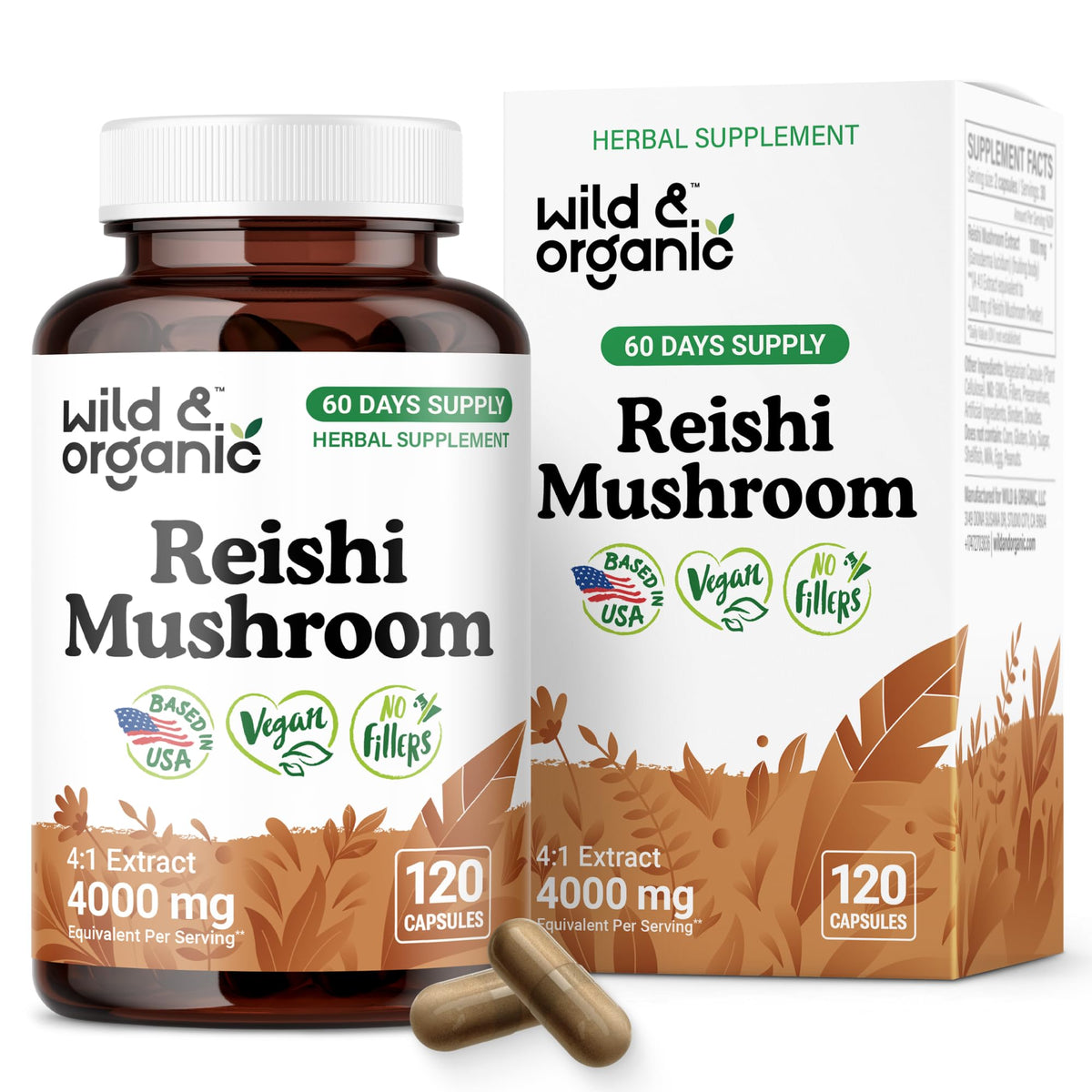Wild & Organic Reishi capsules label highlighting vegan, gluten-free formula for daily wellness.
