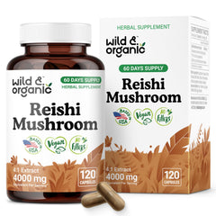 Wild & Organic Reishi capsules label highlighting vegan, gluten-free formula for daily wellness.