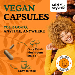 Wild & Organic Reishi capsules being poured, 1000 mg per serving aimed at immune and energy support.