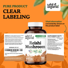 Wild & Organic Reishi capsules vegan formulation iconography highlighting plant-based ingredients.