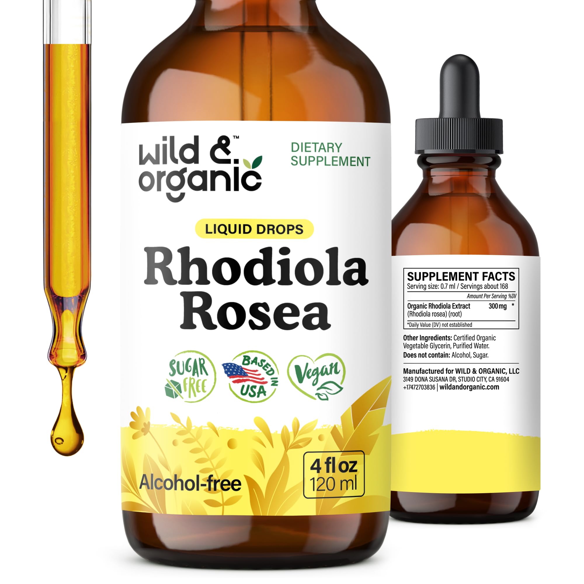 Wild & Organic Rhodiola tincture bottle with dropper supports a calm mood