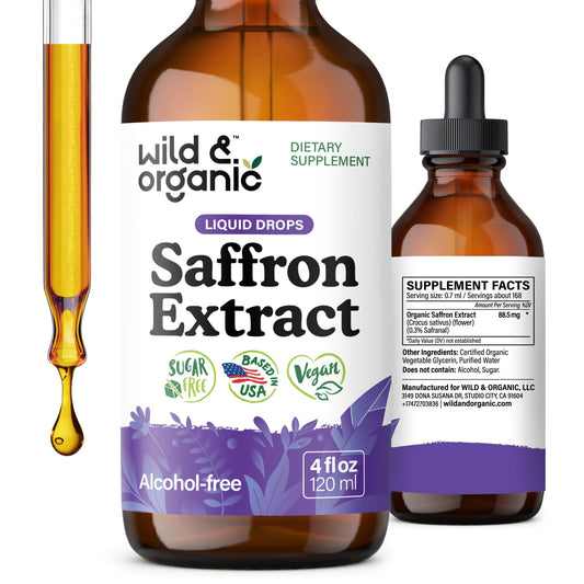 Wild & Organic saffron supplements bottle front highlights mood support potential.