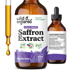 Wild & Organic saffron supplements bottle front highlights mood support potential.