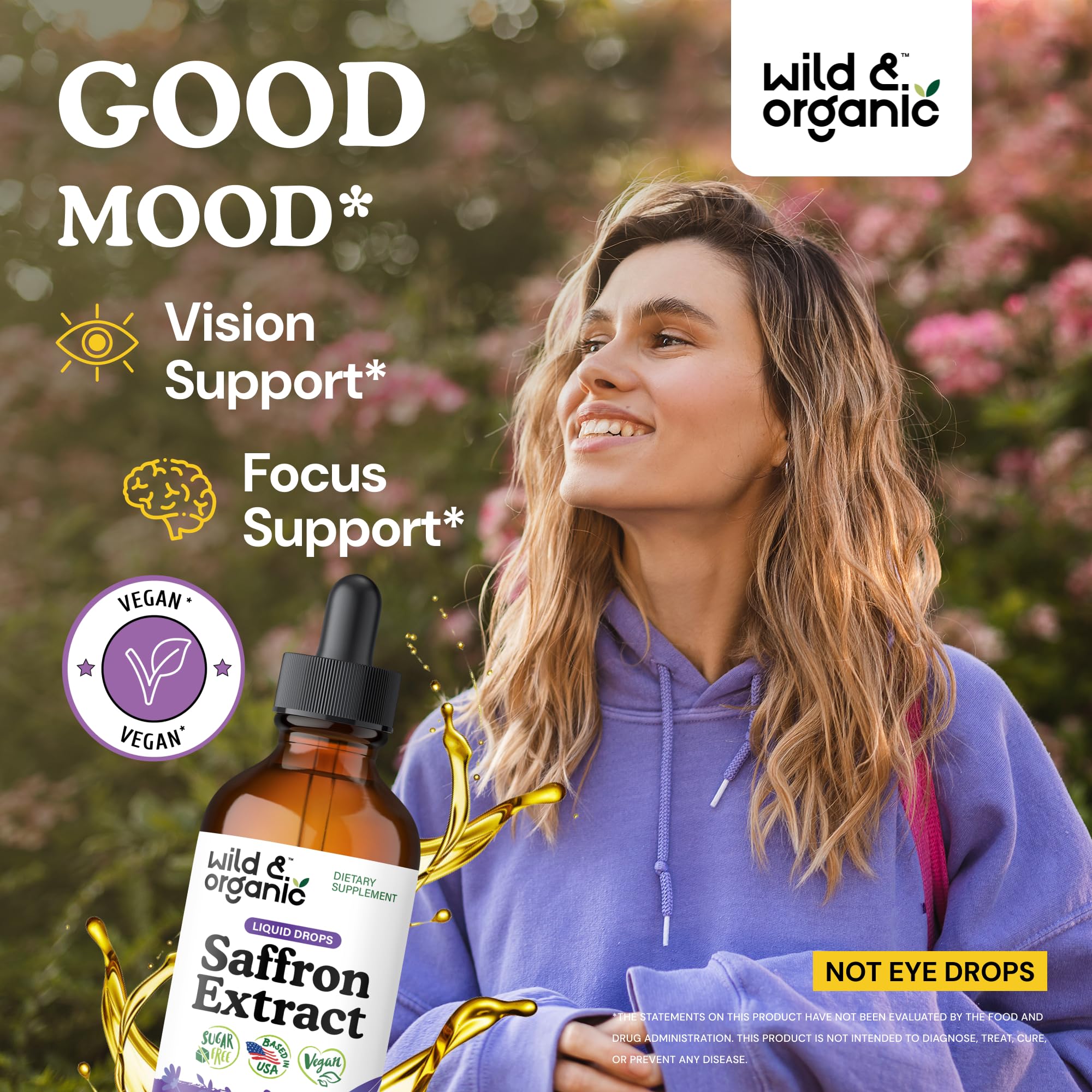 Wild & Organic saffron tincture dropper bottle emphasizes focus and eye comfort.
