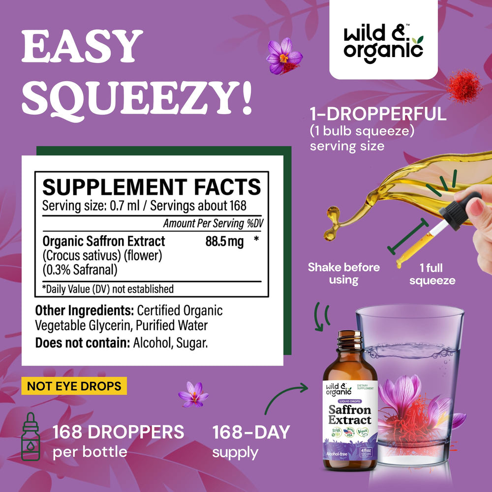 Saffron extract liquid drops in amber bottle show alcohol-free, easy dosing.