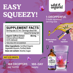 Saffron extract liquid drops in amber bottle show alcohol-free, easy dosing.