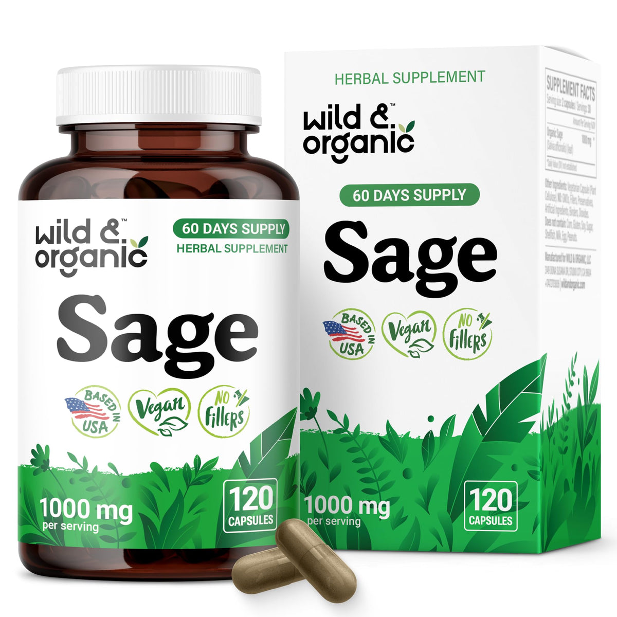 Wild & Organic Sage Capsules 1000mg bottle showing label and context for brain and immune support.