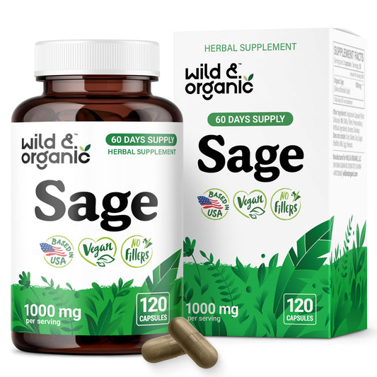 Wild & Organic Sage Capsules 1000mg bottle showing label and context for brain and immune support.