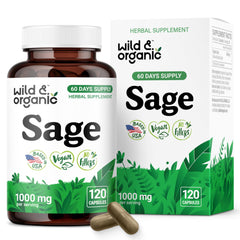 Wild & Organic Sage Capsules 1000mg bottle showing label and context for brain and immune support.