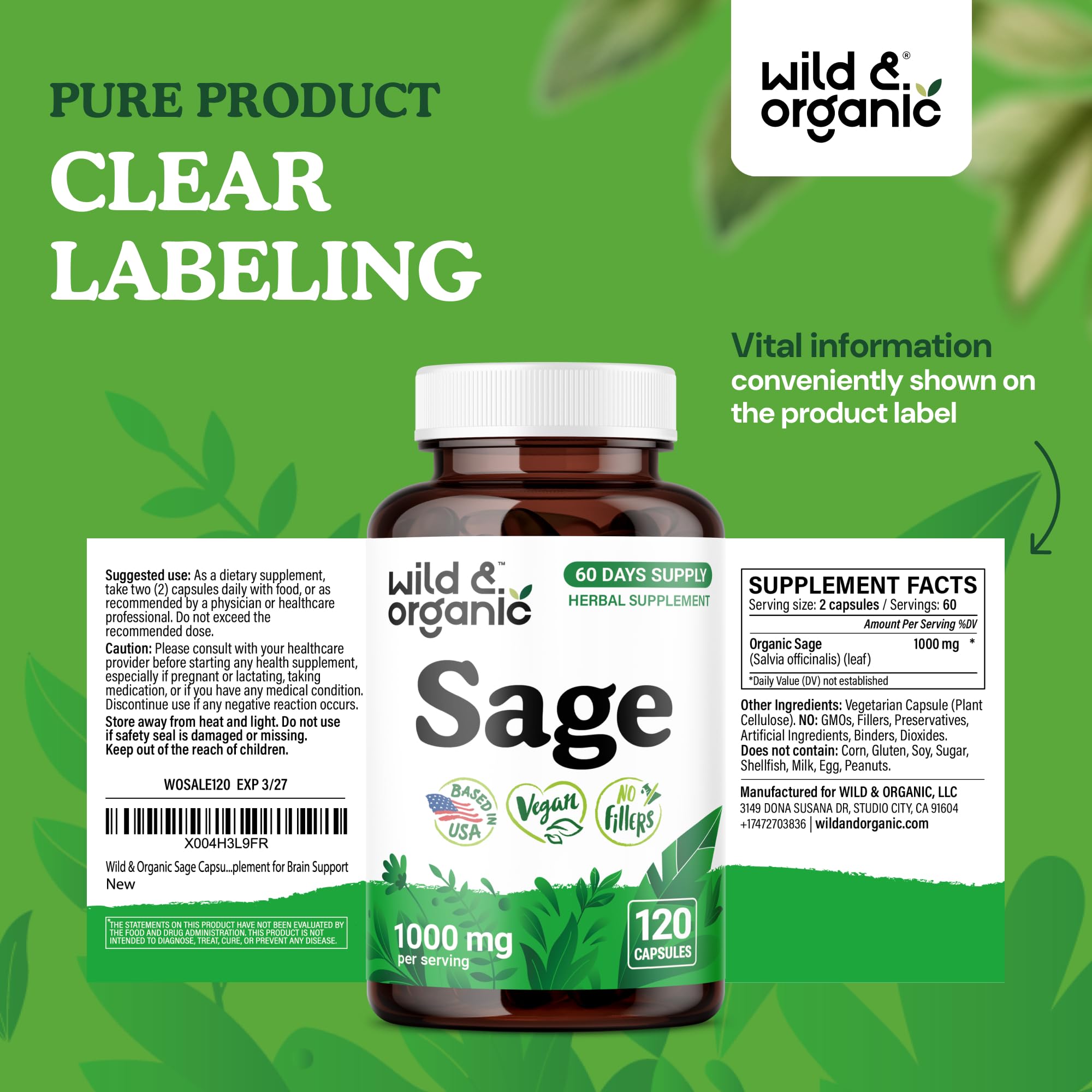 Wild & Organic Sage Capsules 60-day supply with 120-count bottle and cap.