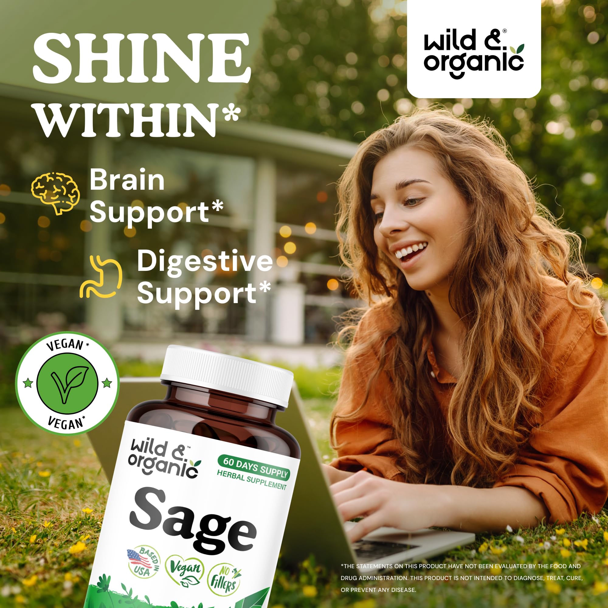 Wild & Organic Sage Capsules close-up highlighting brain-benefit and easy-to-swallow design.