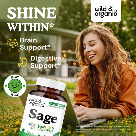 Wild & Organic Sage Capsules close-up highlighting brain-benefit and easy-to-swallow design.