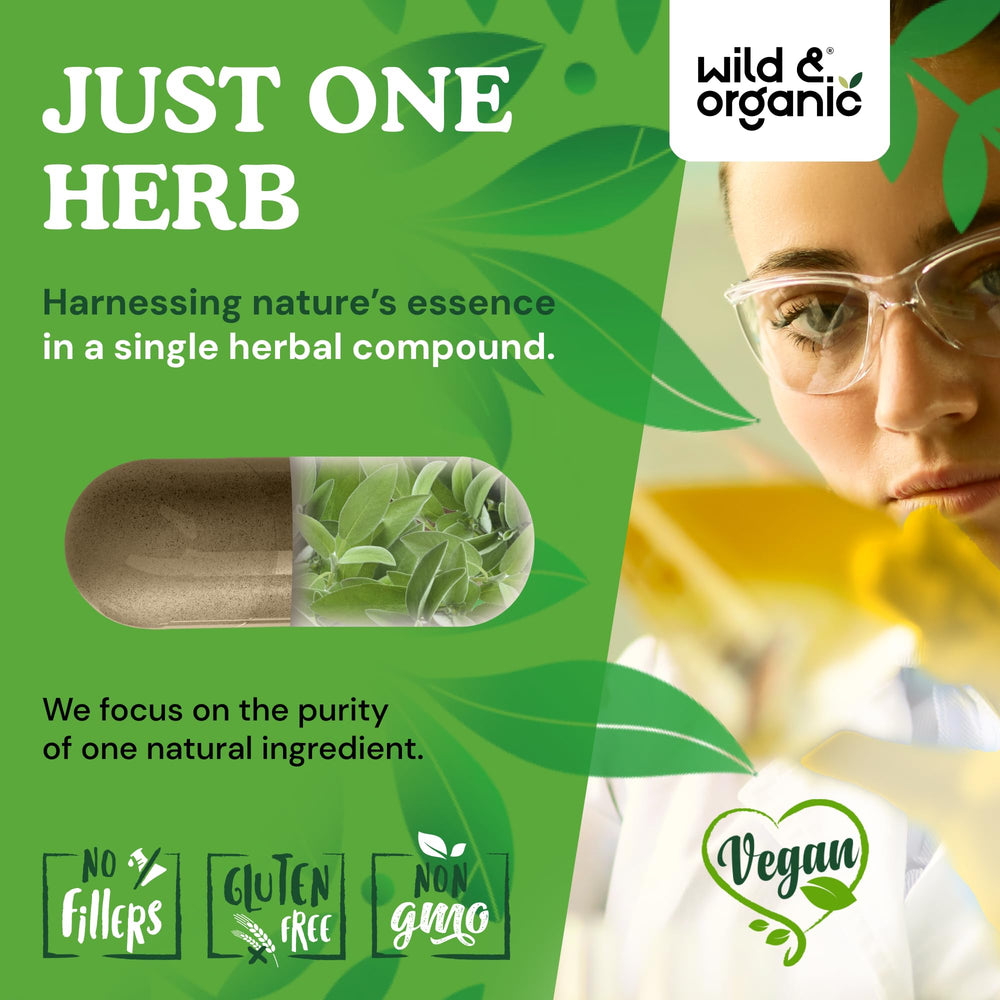 Wild & Organic Sage Leaf Extract Capsules product shot emphasizing vegan coating.