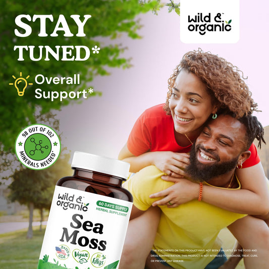 Wild & Organic sea moss capsules bottle back highlighting vegan, non-GMO formula
