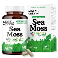 Wild & Organic sea moss capsules bottle front for overall wellness
