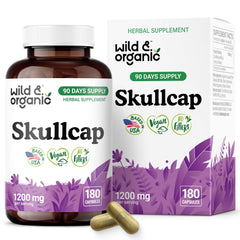 Wild & Organic skullcap capsules bottle for daily calm support.