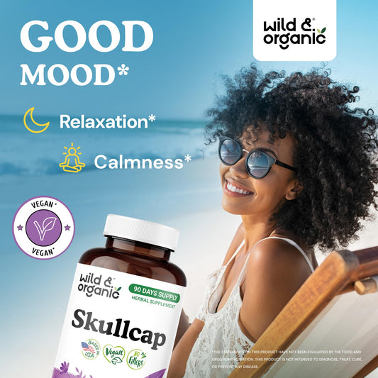 Wild & Organic skullcap capsules closeup showing 1200 mg per serving for calm.