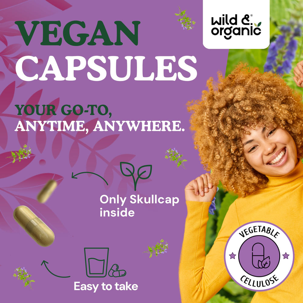 Wild & Organic skullcap packaging open with capsules for easy daily use.