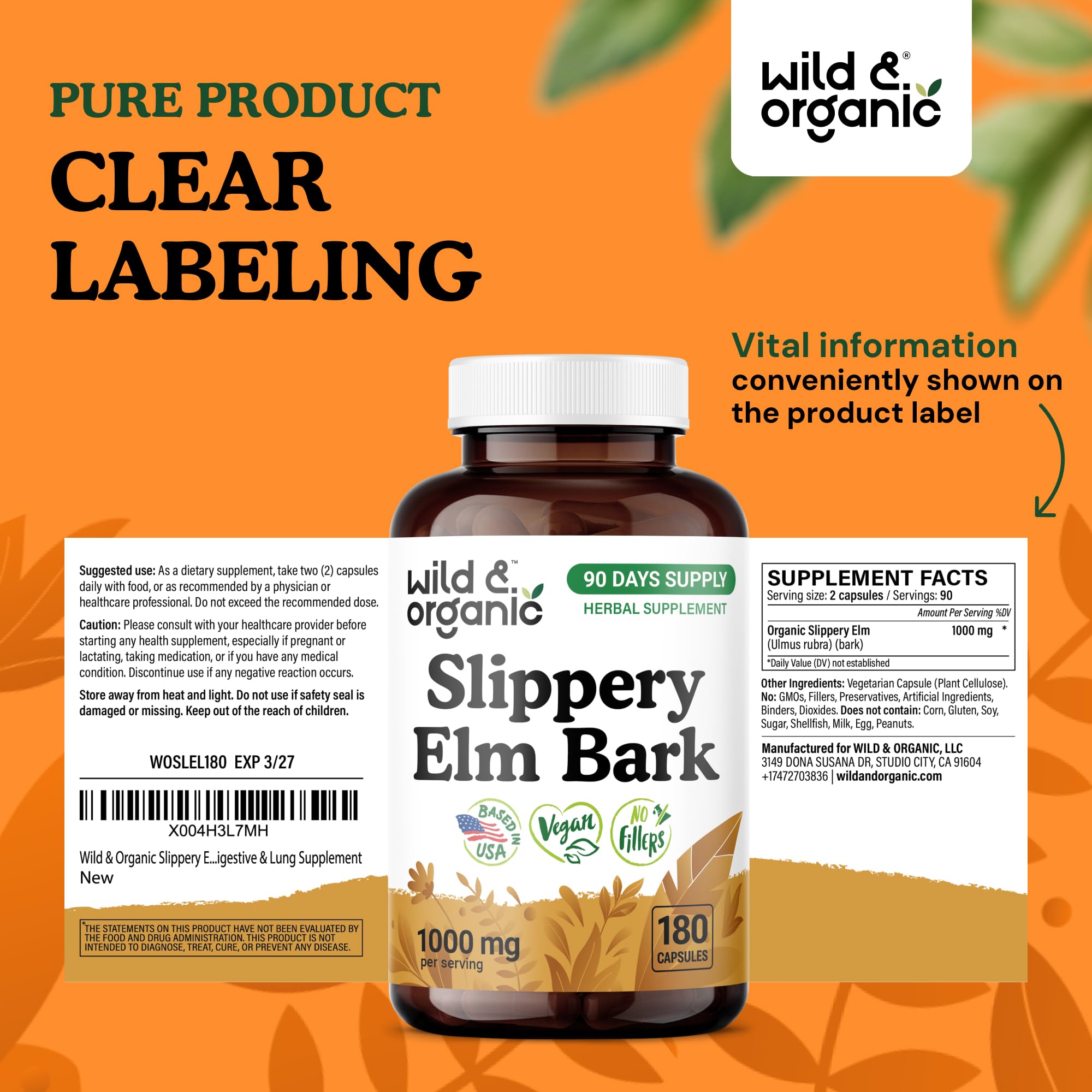 Wild & Organic Slippery Elm Bark Capsules in use with glass of water