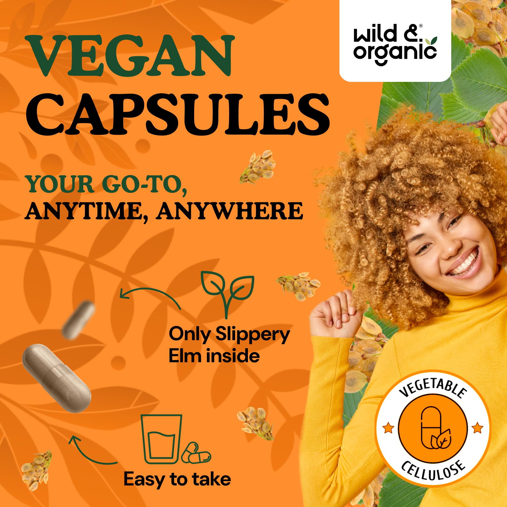 Wild & Organic Slippery Elm Bark Capsules label reveals non-GMO vegan product