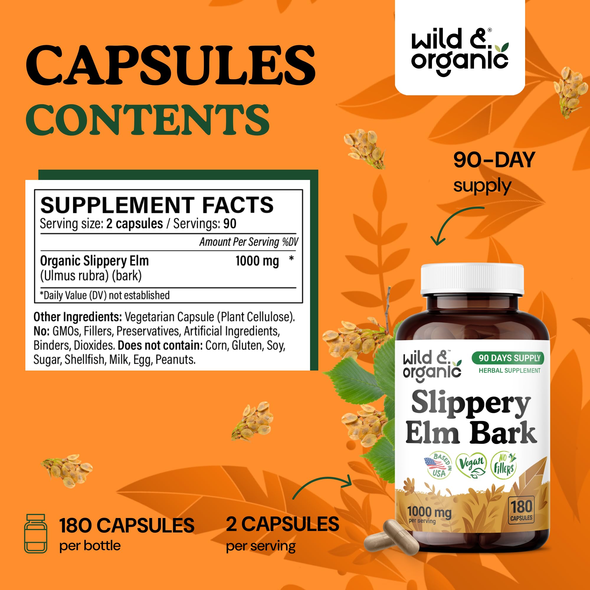 Wild & Organic Slippery Elm Bark Capsules pour demonstrates convenient daily dosing