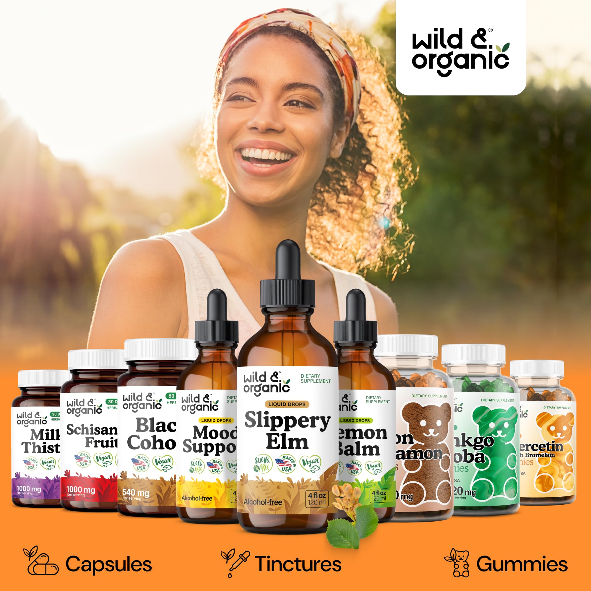Wild & Organic slippery elm ingredients panel highlights vegan, GMO-free formula for natural support.