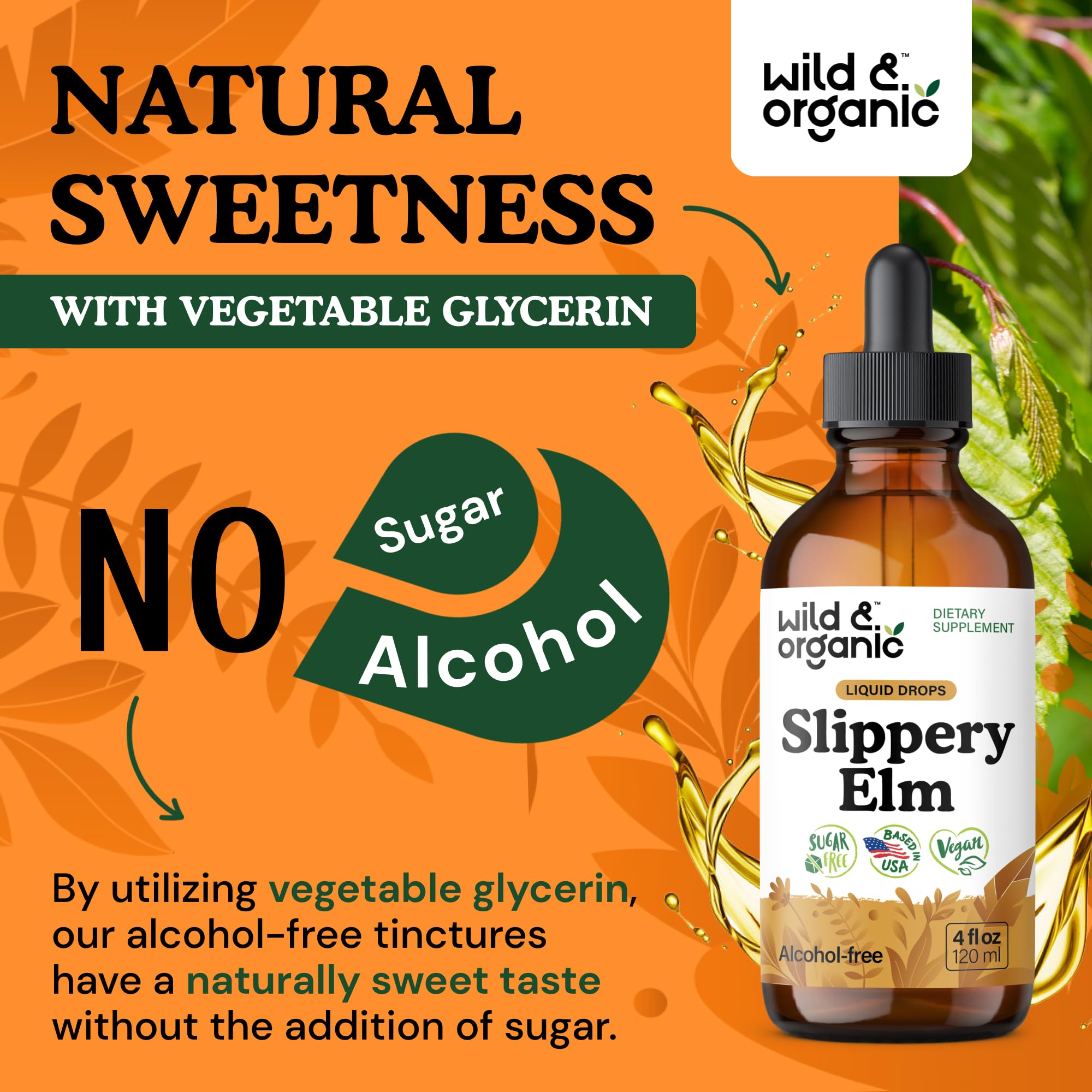 Wild & Organic slippery elm label design on bottle communicates clear ingredient information.