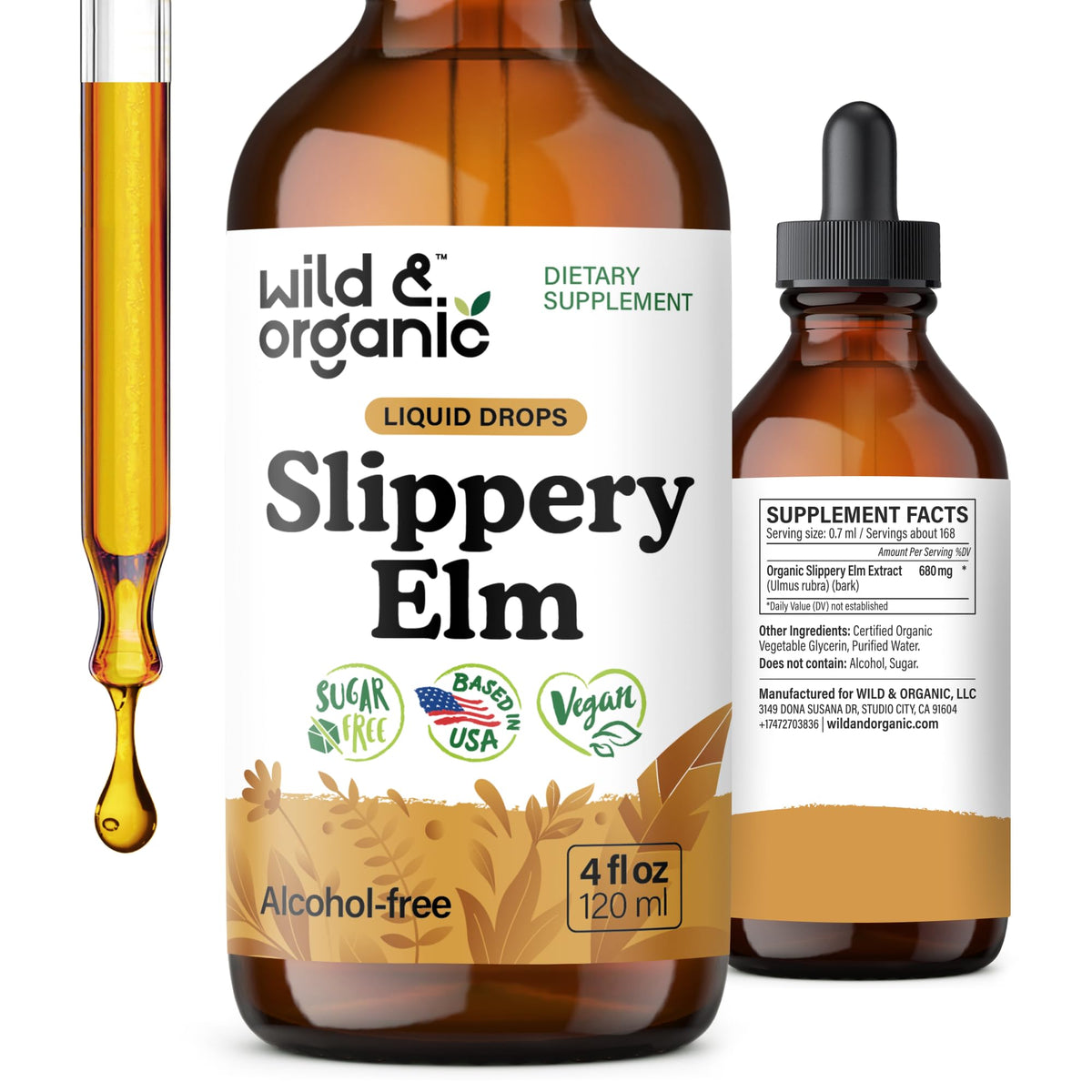 Wild & Organic slippery elm liquid bottle shows a smooth daily dosage for digestive support.