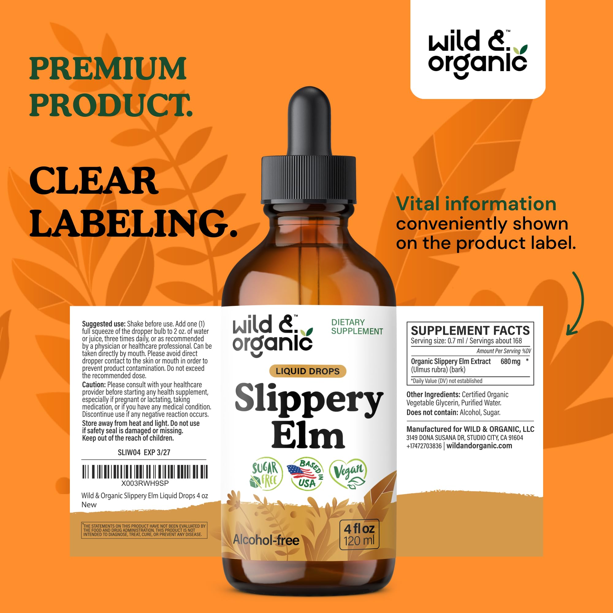 Wild & Organic slippery elm liquid drops closeup shows rich amber tincture.