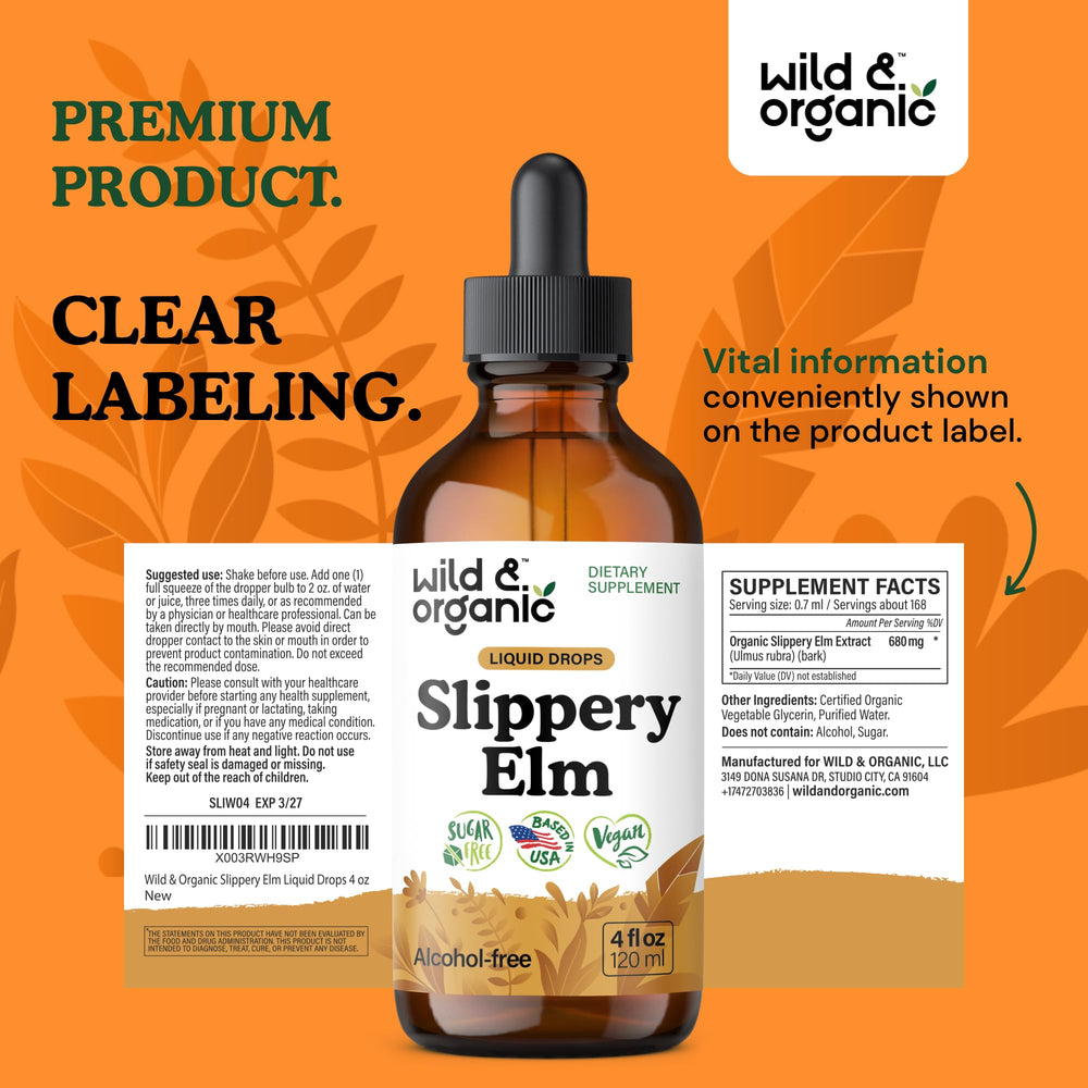 Wild & Organic slippery elm liquid drops closeup shows rich amber tincture.