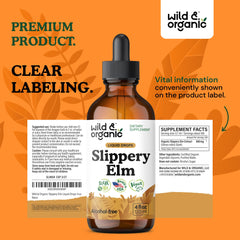 Wild & Organic slippery elm liquid drops closeup shows rich amber tincture.