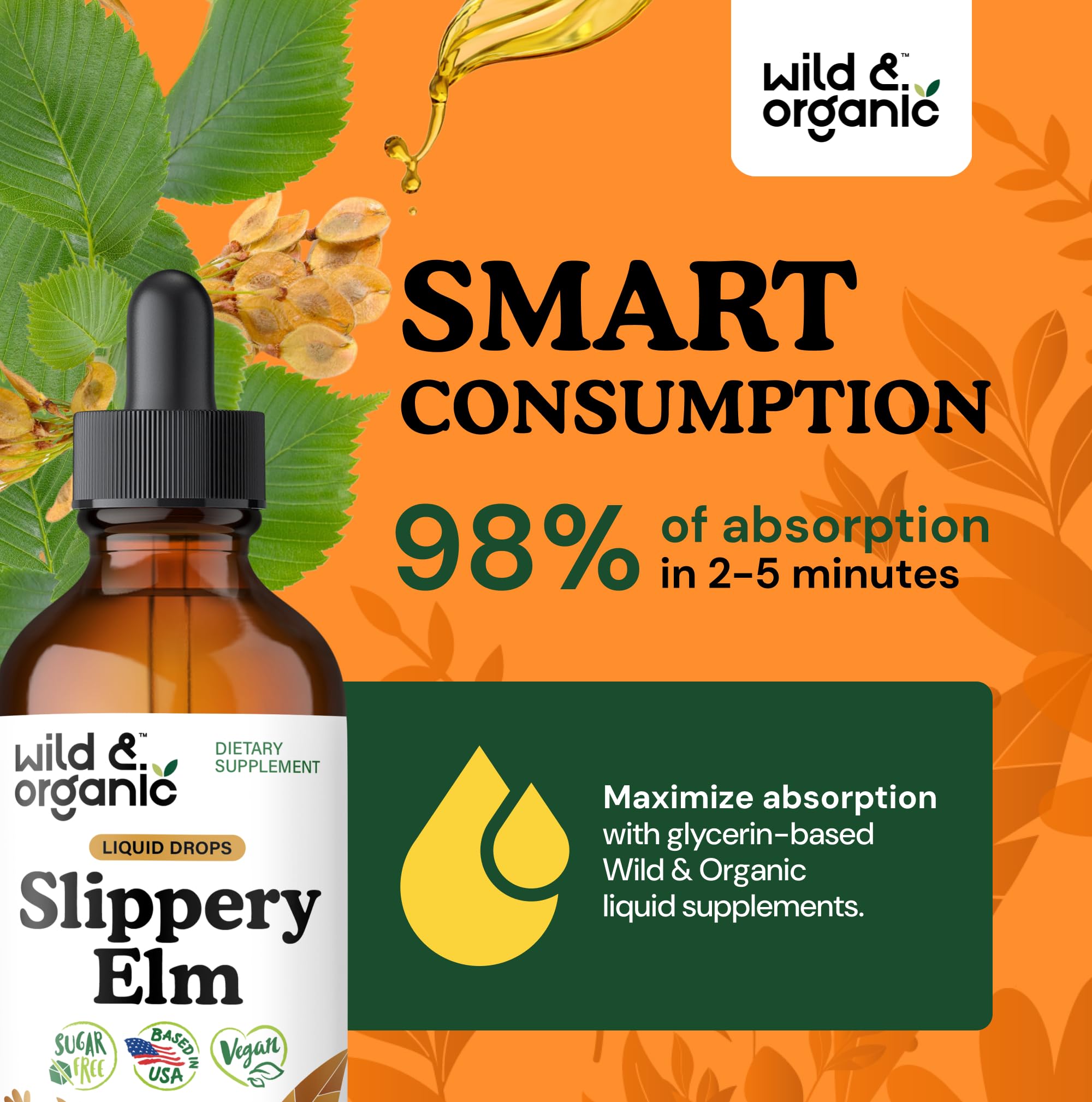 Wild & Organic slippery elm liquid texture closeup reveals smooth glycerin-based tincture.