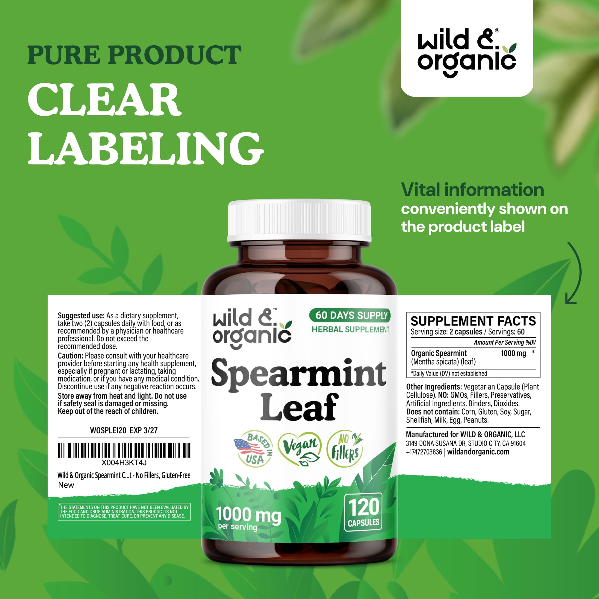 Wild & Organic spearmint capsules container showing 60-day supply.