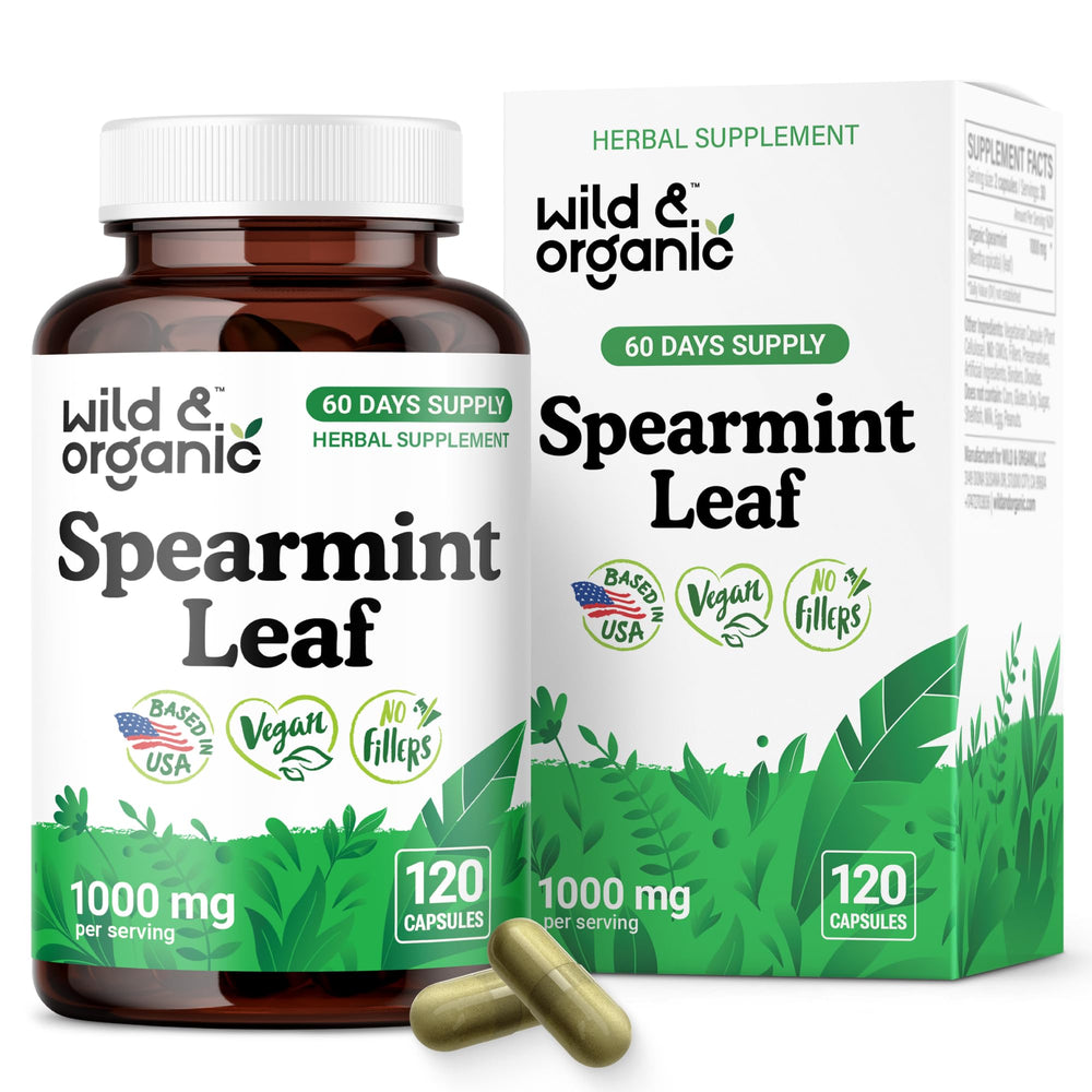 Wild & Organic spearmint capsules bottle offering convenient daily digestive support.