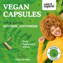 Wild & Organic spearmint capsules ingredients list emphasizing plant-based coating.
