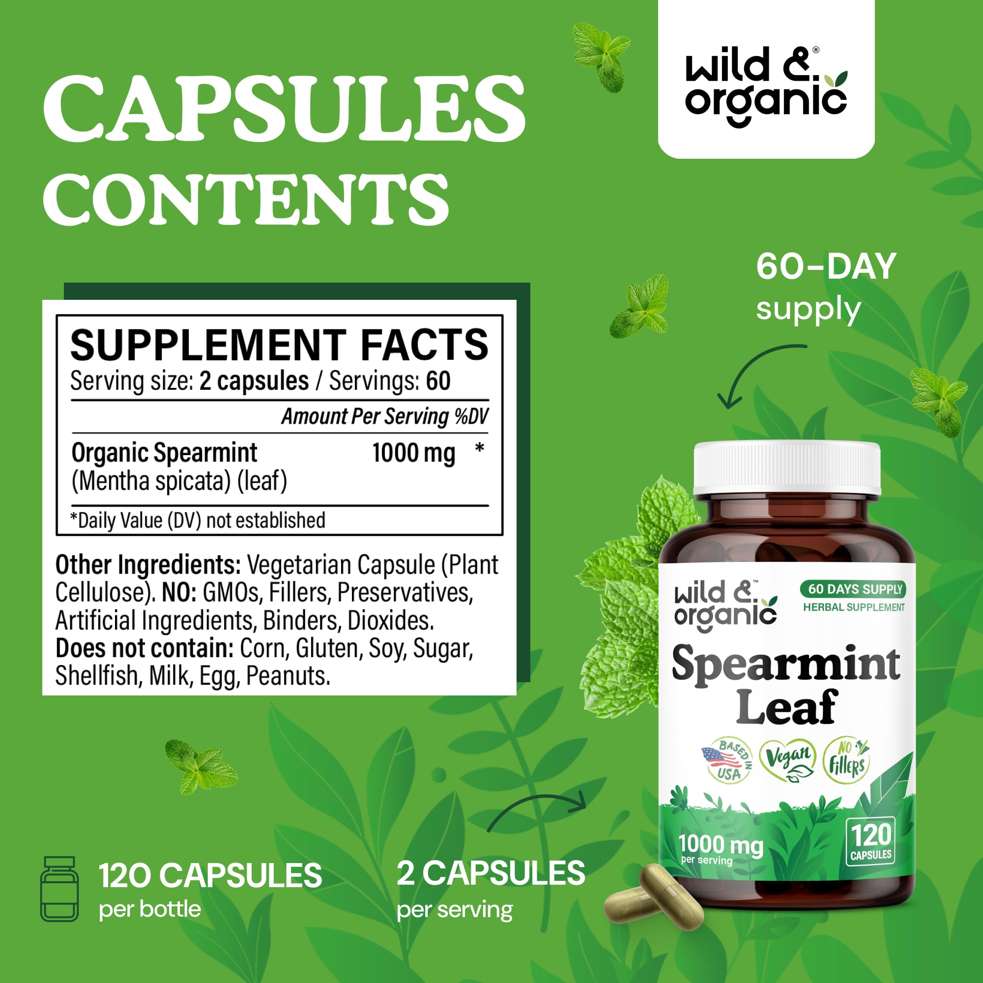 Wild & Organic spearmint capsules being poured for easy daily use.