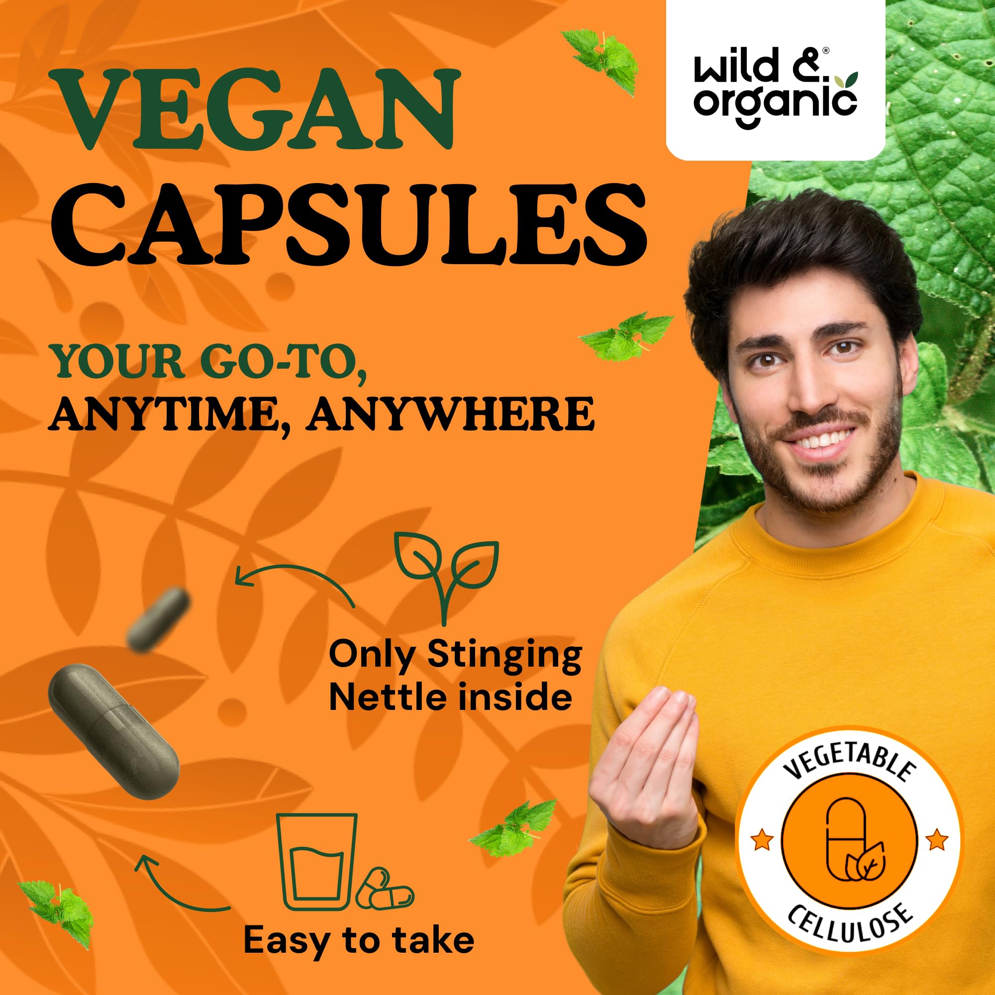 Bottle front view with Wild & Organic branding and easy-to-swallow coating.