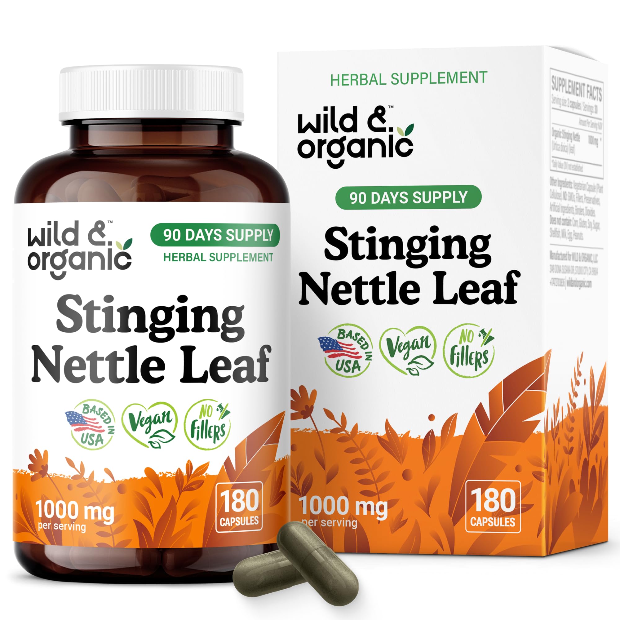 Wild & Organic nettle bottle showing a 90-day supply of capsules for urinary comfort.