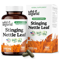 Wild & Organic nettle bottle showing a 90-day supply of capsules for urinary comfort.