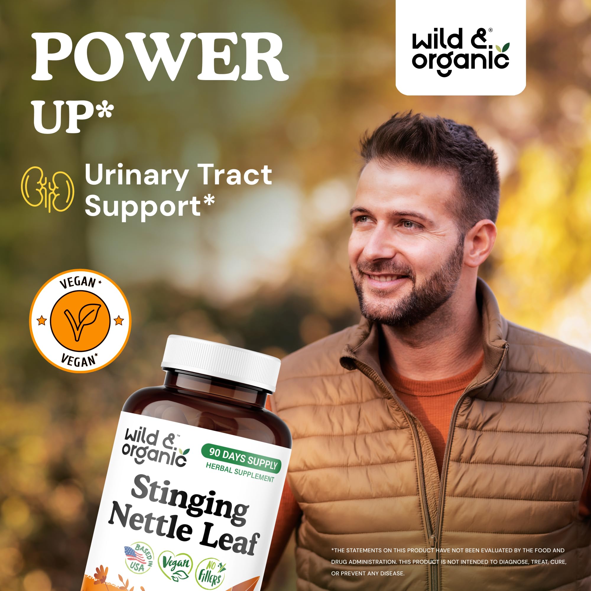 Close-up of Wild & Organic nettle capsules highlighting vegan, non-GMO formulation.