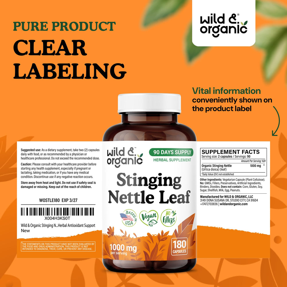 Plant-based, gluten-free formulation focus for Wild & Organic nettle capsules.
