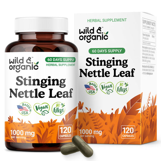 Wild and Organic stinging nettle capsules bottle close-up highlighting urinary support.