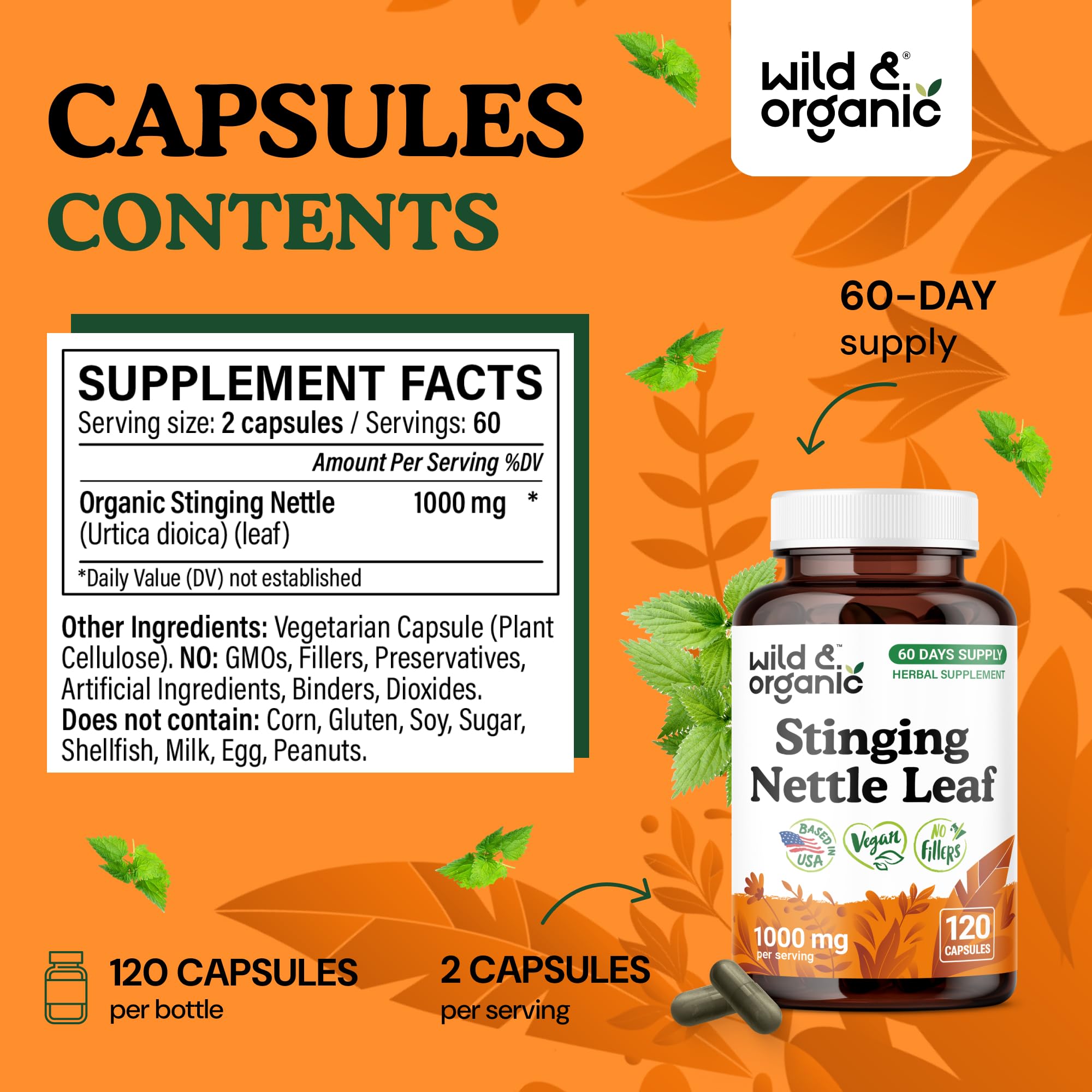 Wild and Organic stinging nettle label shows 1000 mg per serving.